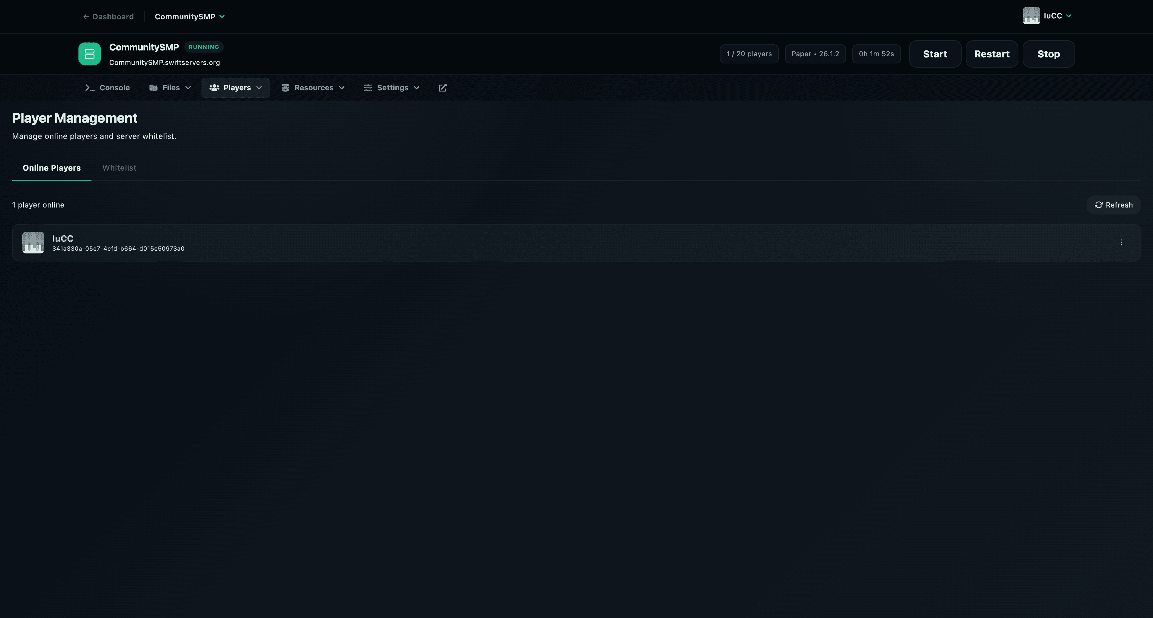 SwiftServers player management screen showing one online player