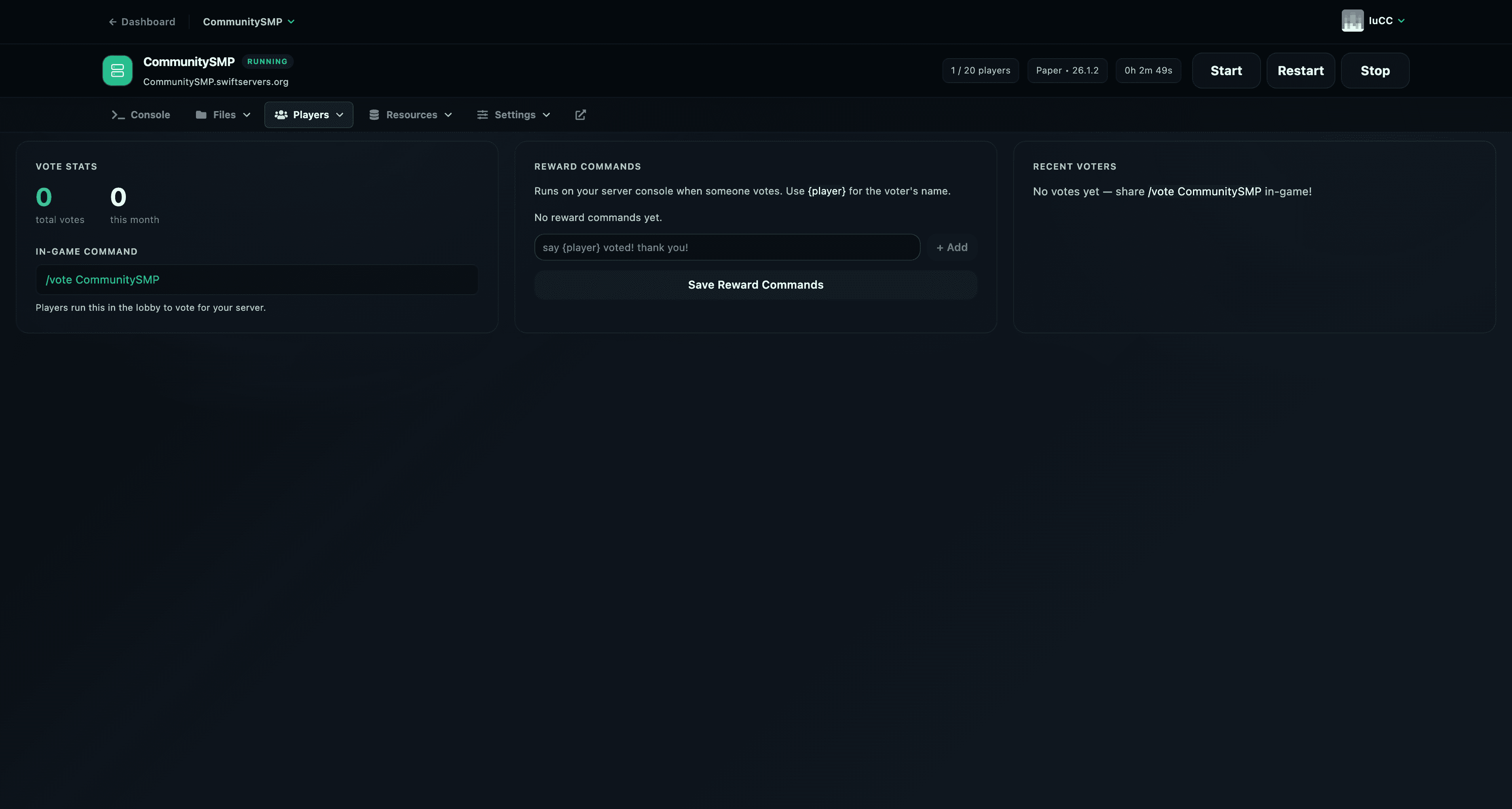 SwiftServers vote rewards screen with vote stats and reward command settings