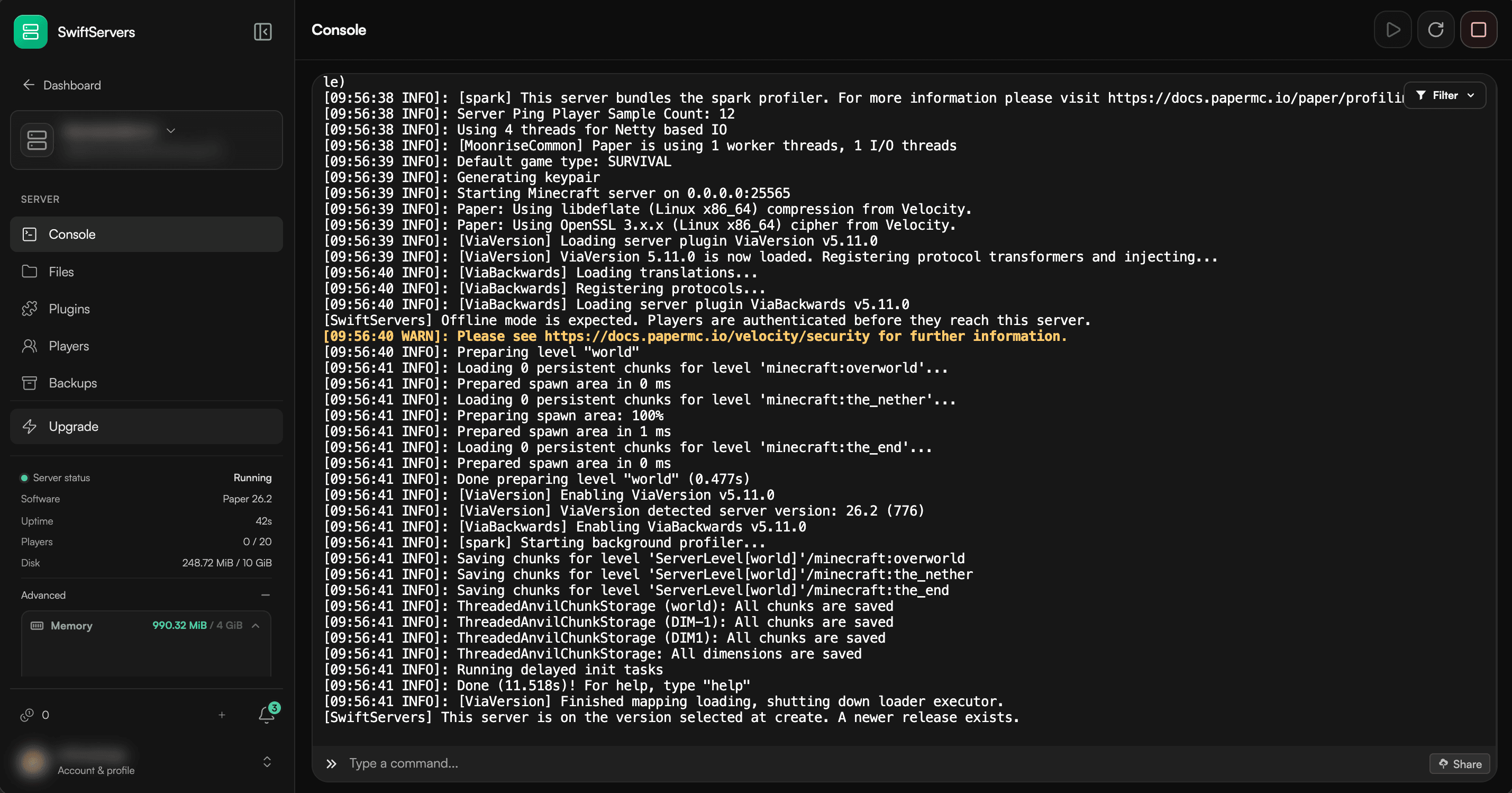 SwiftServers console showing Paper startup logs and resource meters