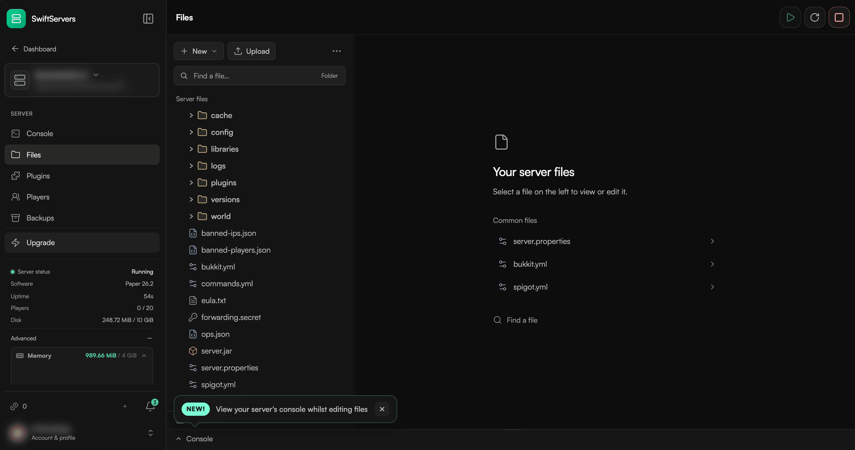 SwiftServers file manager with folders, quick-open configs, and a collapsible console