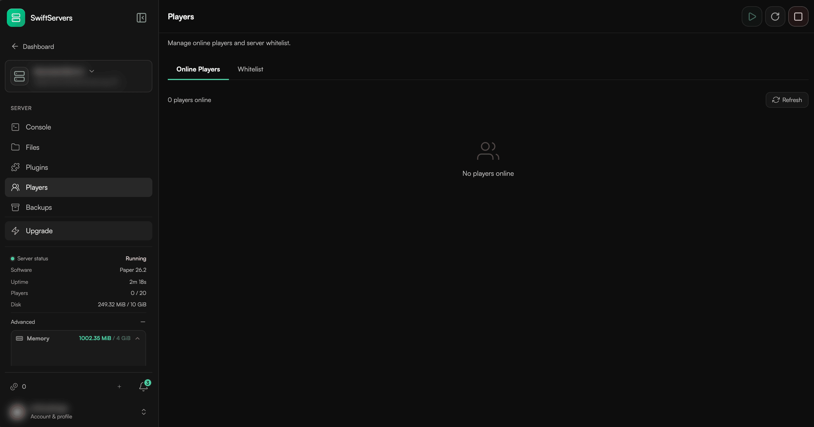 SwiftServers player management with online players and whitelist tabs