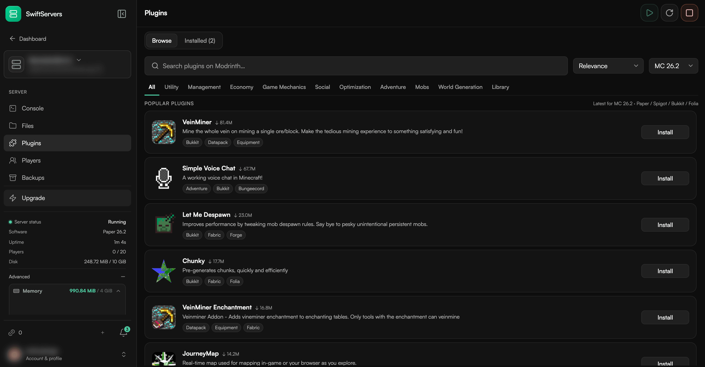 SwiftServers plugin browser with Modrinth search, categories, and install buttons