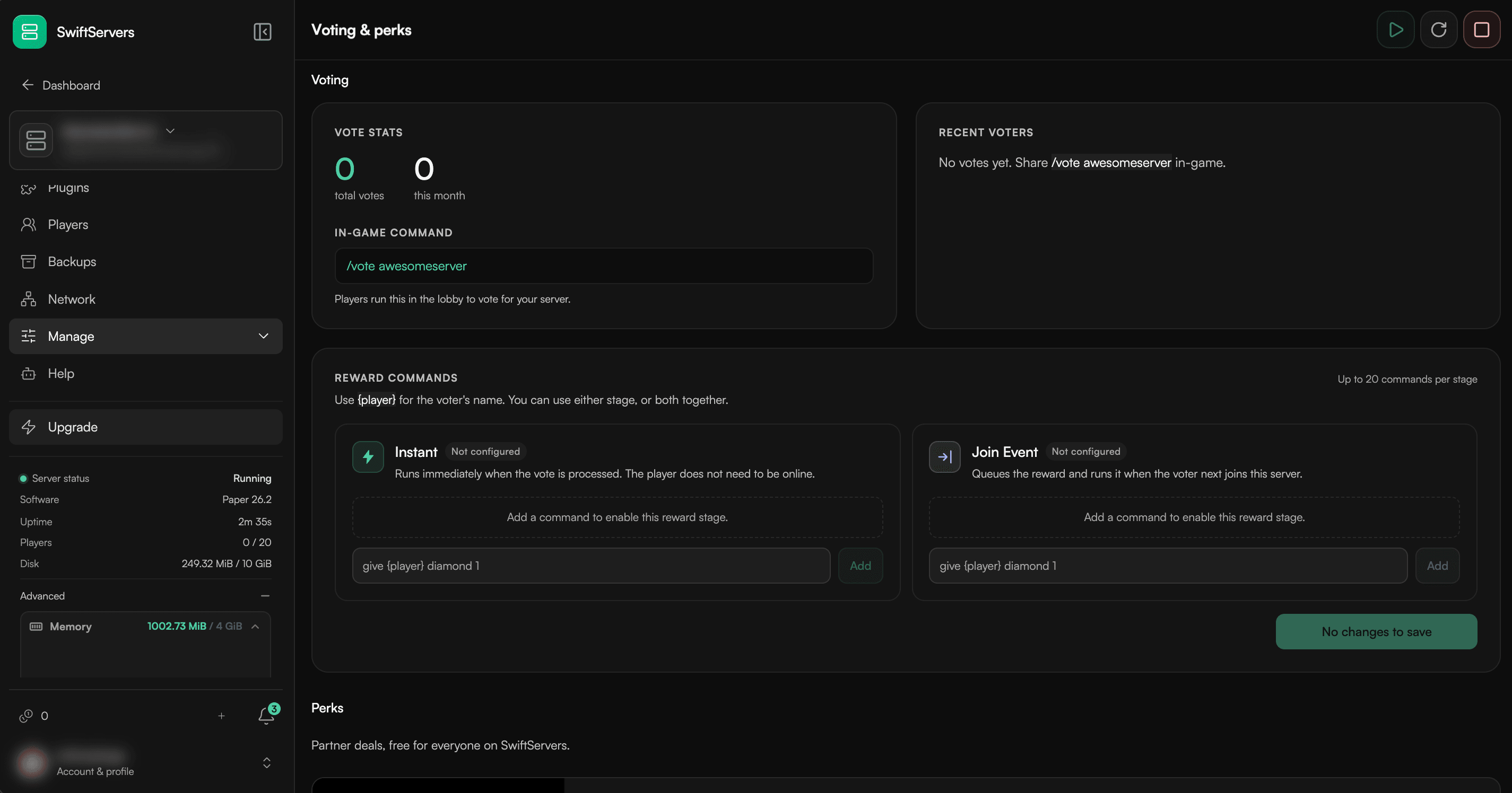 SwiftServers voting and perks page with instant and join-event reward commands
